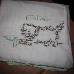 vtg Friday Cat cross stitch tea towel xl 36 in awesome vintage